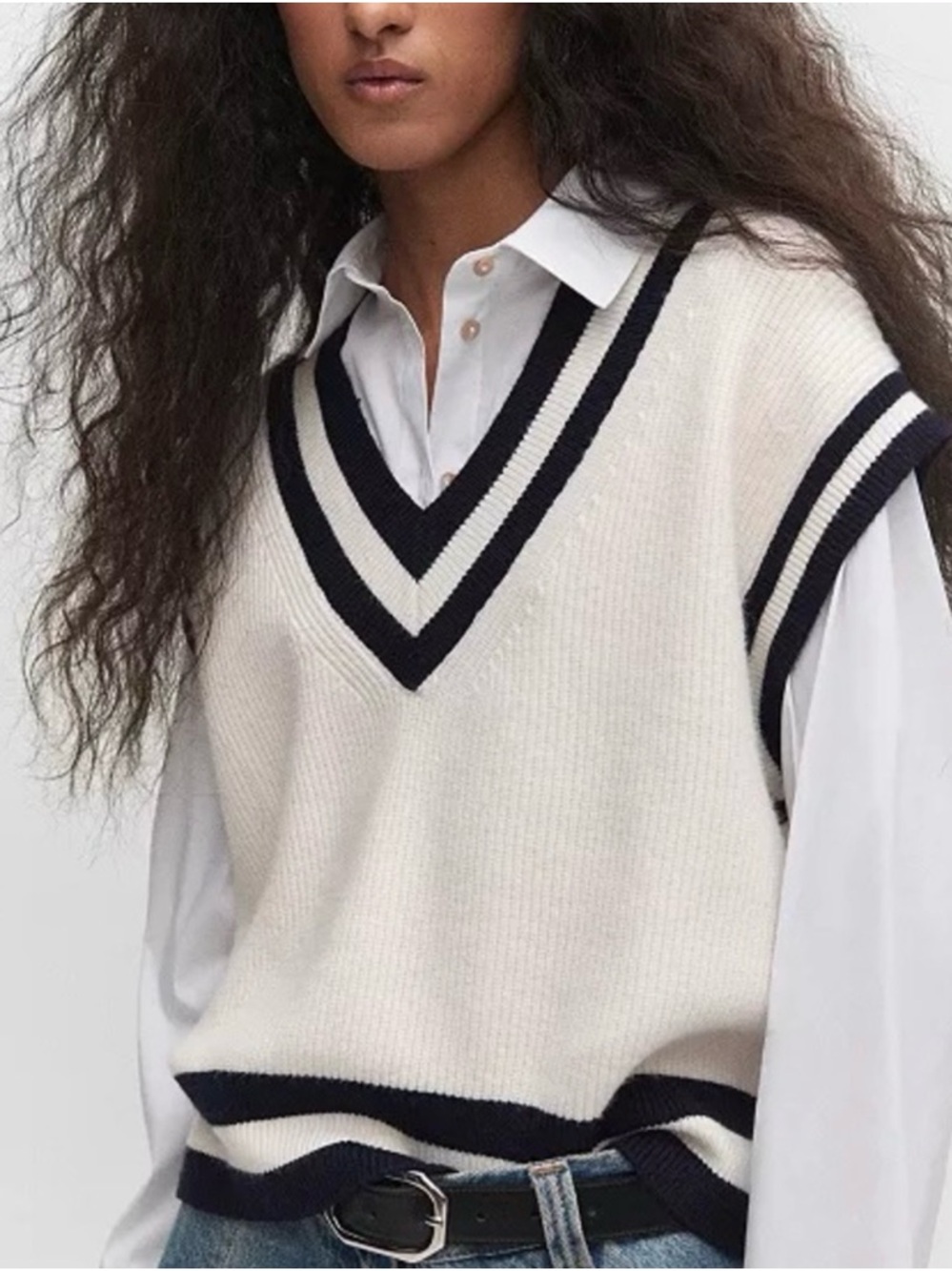 Mango Cream V-Neck Knit Vest with Navy Trim
